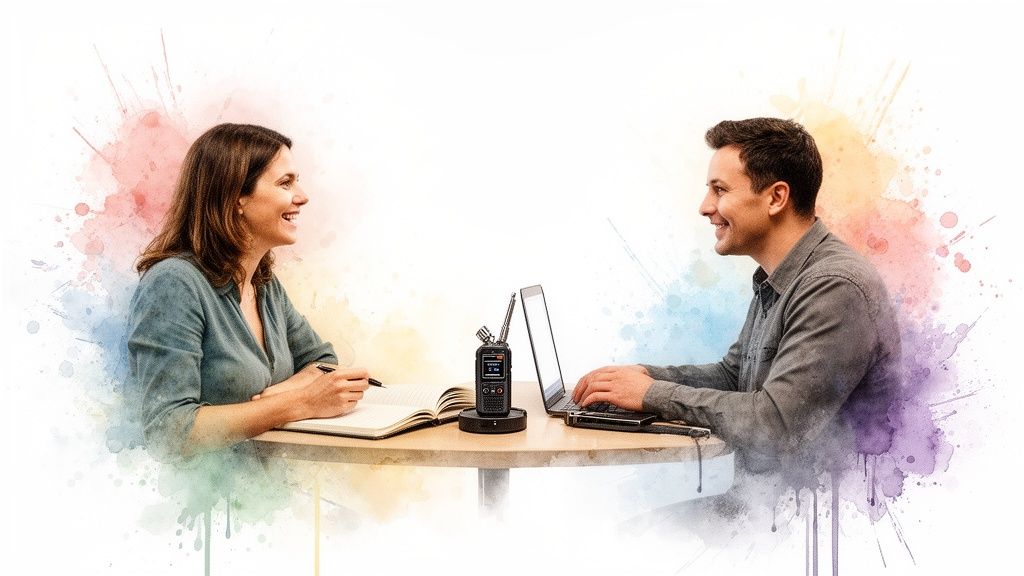 Smiling man and woman collaborating at a table with a recorder and laptop, surrounded by colorful splashes.