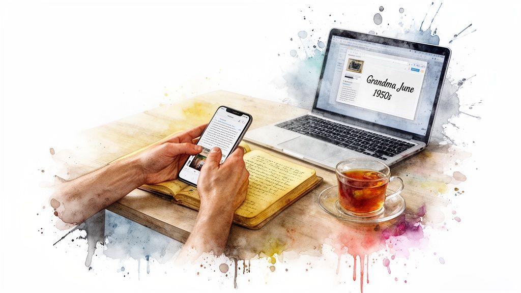 Hands using a smartphone and an old journal, with a laptop displaying 'Grandma June 1950s' and a tea cup.