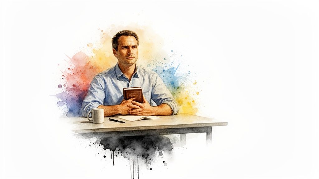 A man with a pensive expression sits at a desk, holding a book, surrounded by watercolor splashes.