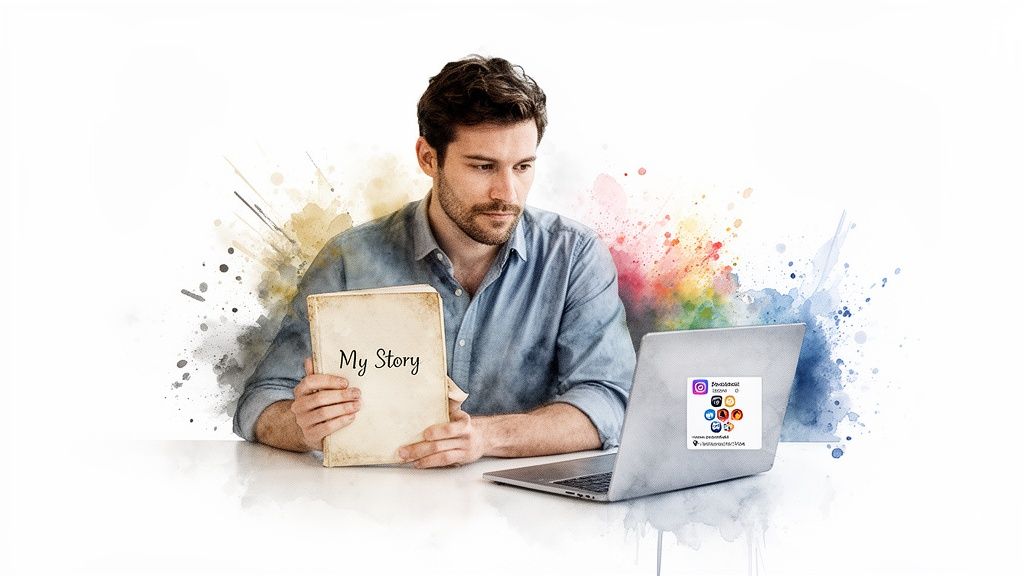 A man holds a 'My Story' book while looking at a laptop with social media icons, surrounded by colorful watercolor splashes.