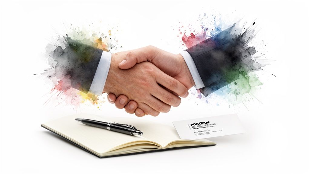 Two professionals shaking hands amidst watercolor splashes, with a notebook, pen, and business card.