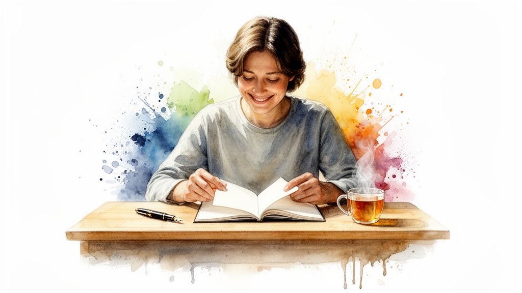 A smiling person in a watercolor style reads a book at a desk with tea and a pen.
