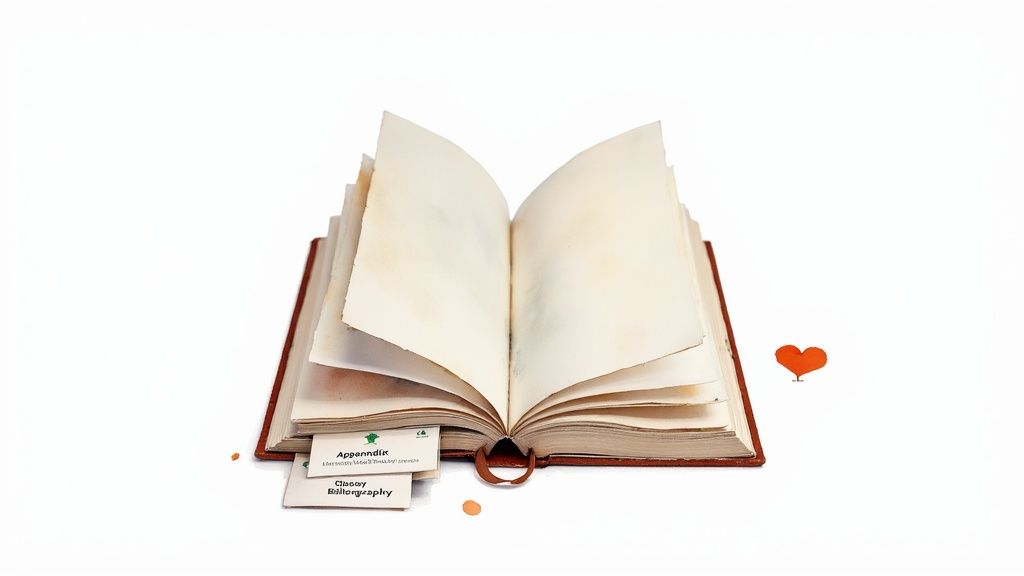 An open book with blank, aged pages, showing 'Appendix' and 'Glossary' cards, and a small orange heart.