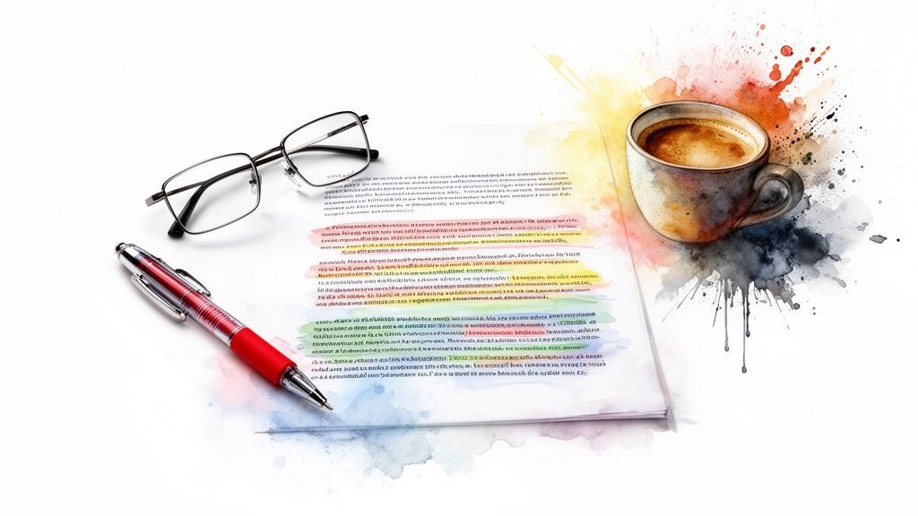 A document with colorful highlighted text, reading glasses, a red pen, and a coffee cup on a white background with watercolor splatters.