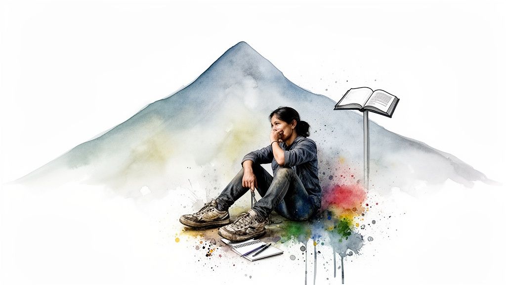 Contemplative woman sitting on the ground with a notebook, painted mountain, and open book.