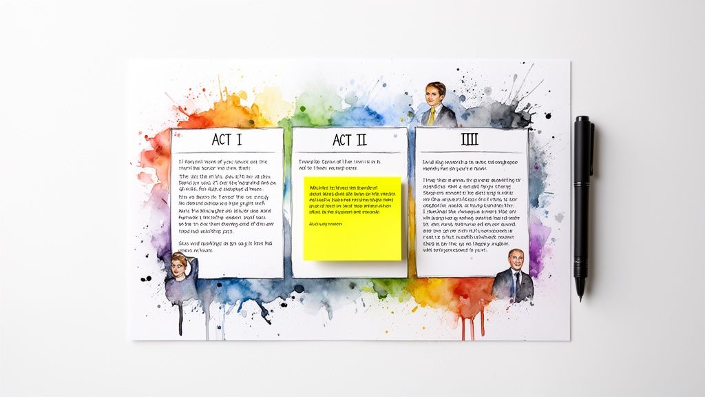A creative document with three acts, watercolor background, text, small portraits, and a yellow sticky note, beside a pen.