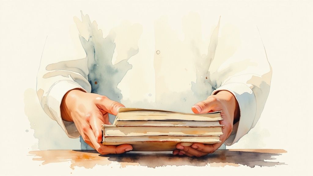 A watercolor painting depicts a person's hands in white sleeves holding a stack of old books on a table.