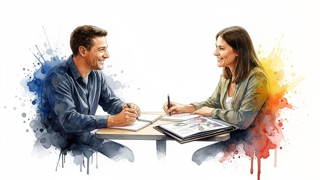 Two people, a man and a woman, smiling and collaborating at a table with notebooks, surrounded by colorful watercolor splashes.