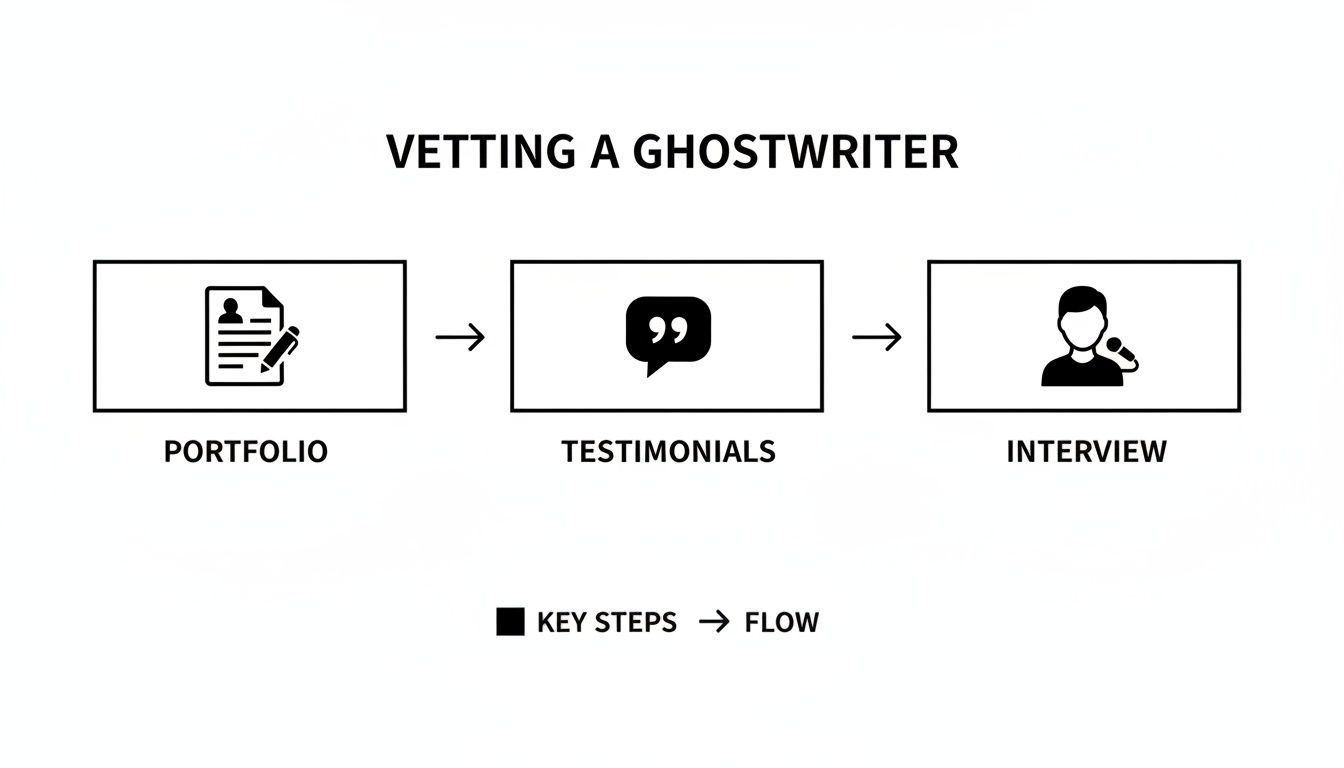 Flowchart illustrating the three key steps for vetting a ghostwriter: portfolio, testimonials, and interview process.