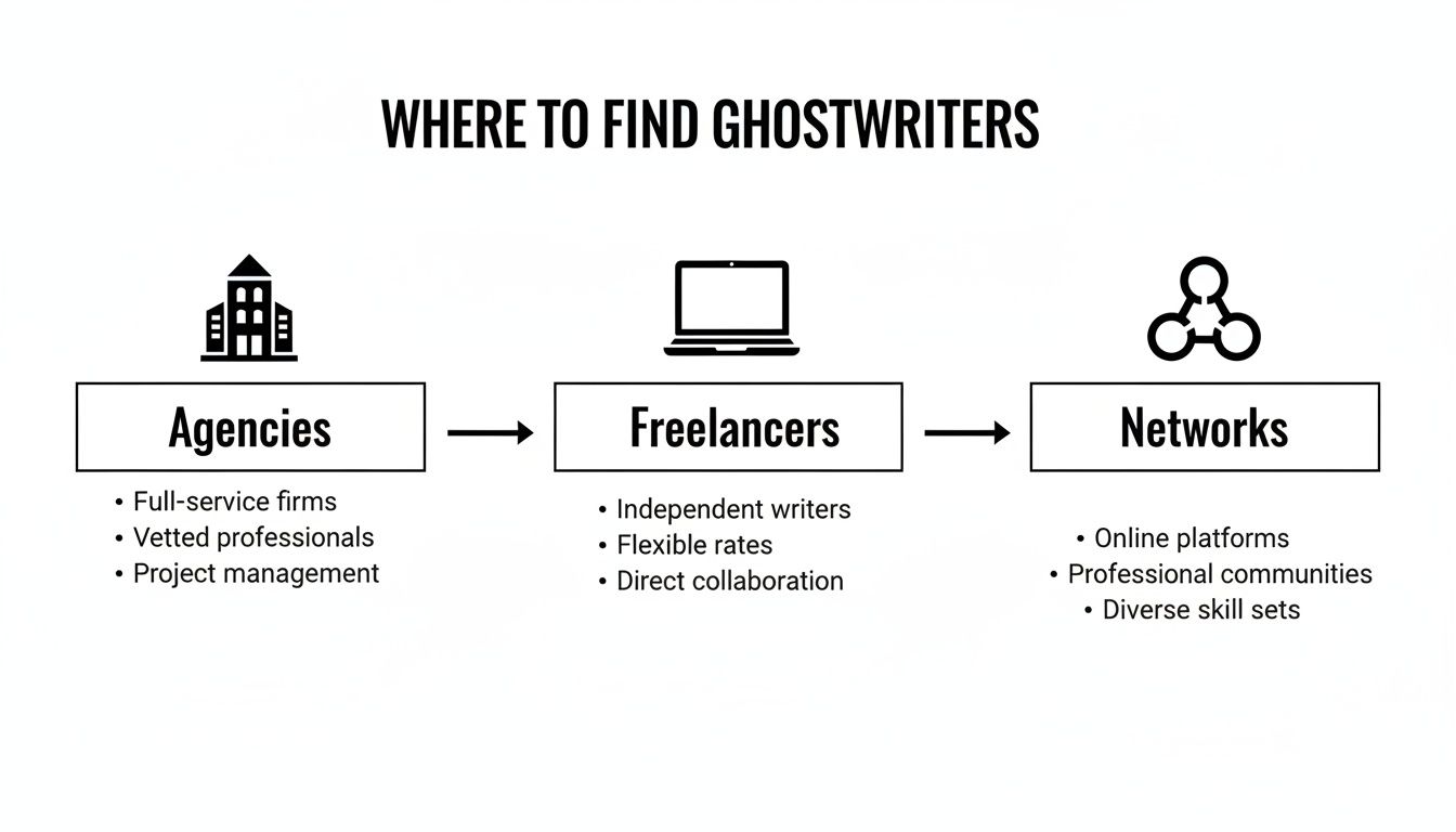 A diagram showing three primary sources to find ghostwriters: agencies, freelancers, and networks.