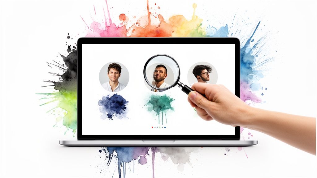 A hand holds a magnifying glass over a profile picture on a laptop screen, surrounded by colorful splashes.