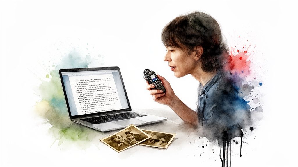 Woman dictating into a voice recorder next to a laptop and old photographs, watercolor style.