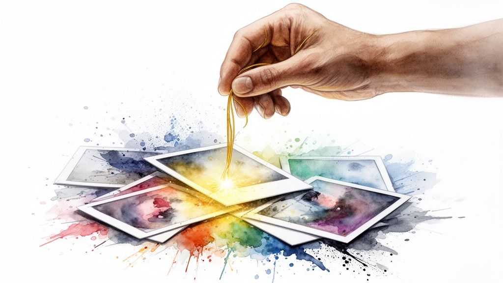 A hand pulls golden light from a polaroid photo amidst colorful watercolor splashes and other photos.
