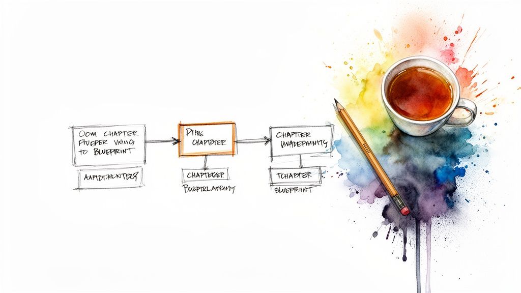 A hand-drawn flowchart with text, a pencil, and a cup of coffee with watercolor splashes.