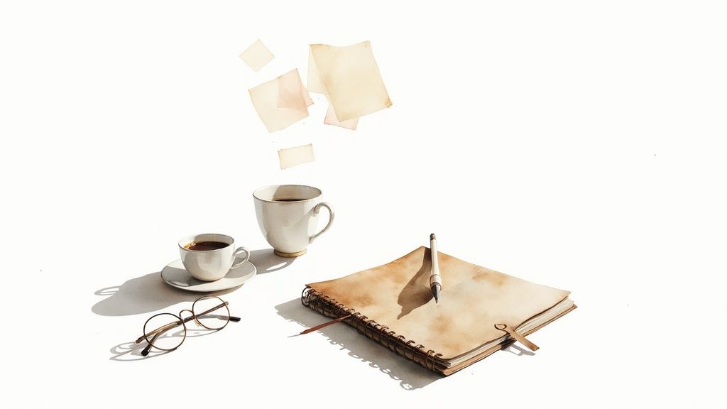 Watercolor painting of coffee, glasses, a notebook, and floating papers on a white surface.
