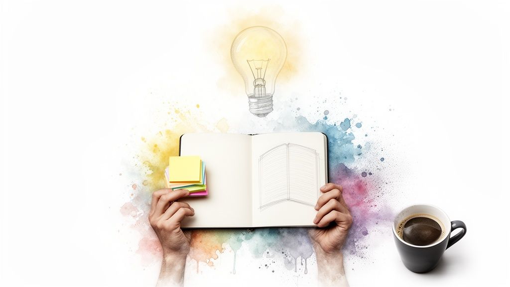 Hands holding an open notebook with a building sketch, a lightbulb idea, colorful notes, and coffee.