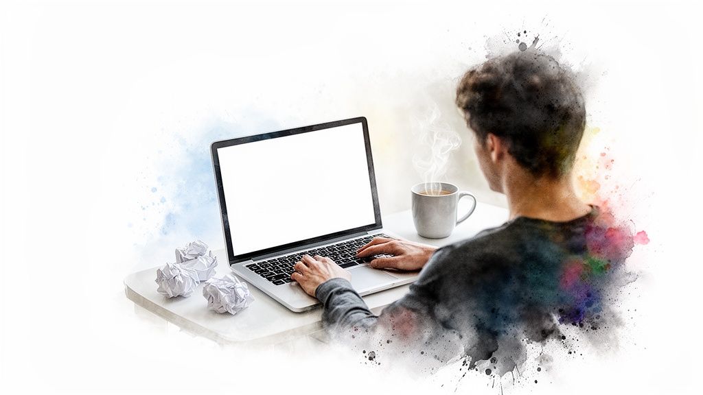 A person types on a laptop with blank screen, coffee, and crumpled papers, in a watercolor style.