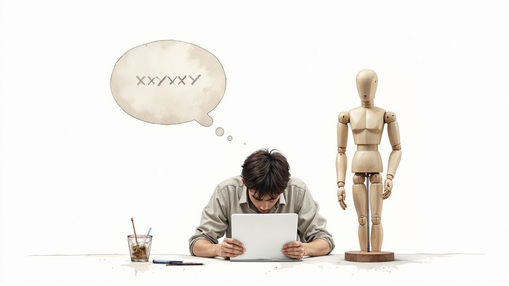 A person with a laptop, thinking 'XXYXXY', next to a wooden artist mannequin.