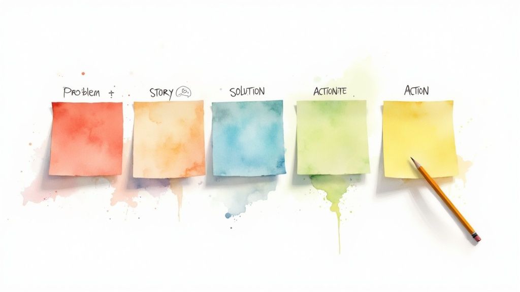 Five colorful watercolor sticky notes showing problem solving framework with story solution action steps