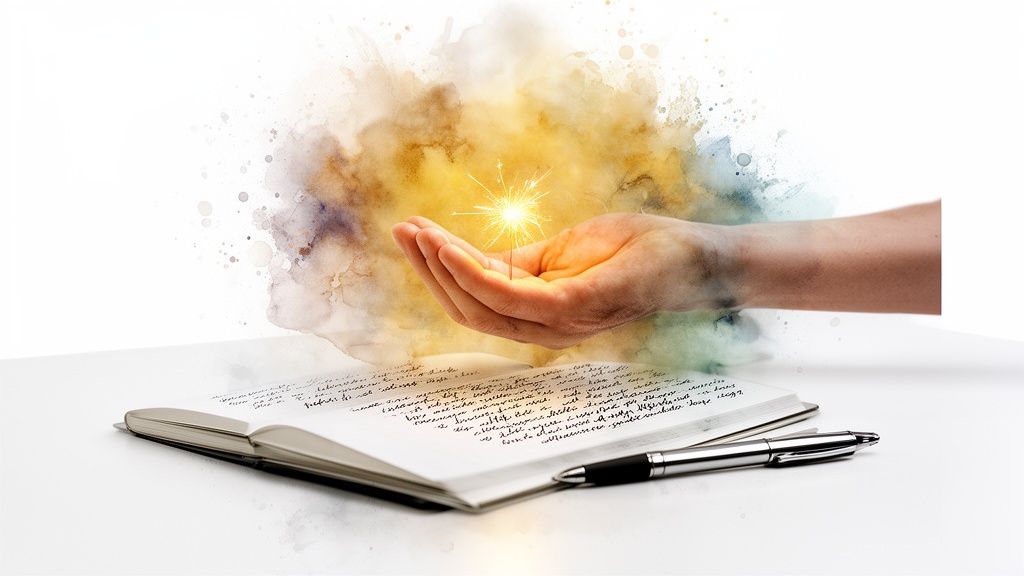 A hand holds a glowing sparkler over an open notebook and pen, surrounded by vibrant watercolor splashes.