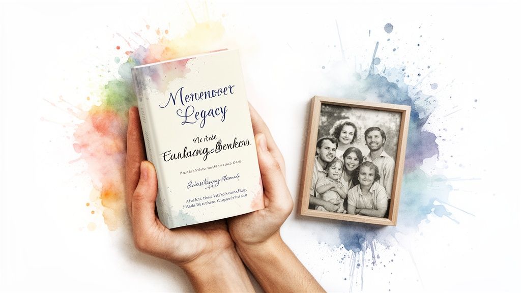 Hands hold a legacy book with watercolor splashes, next to a framed black and white family photo.