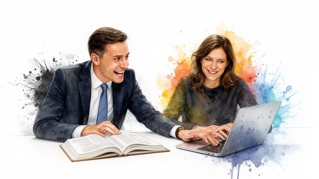 Vibrant watercolor illustration of two smiling business professionals, one with a book and one with a laptop.