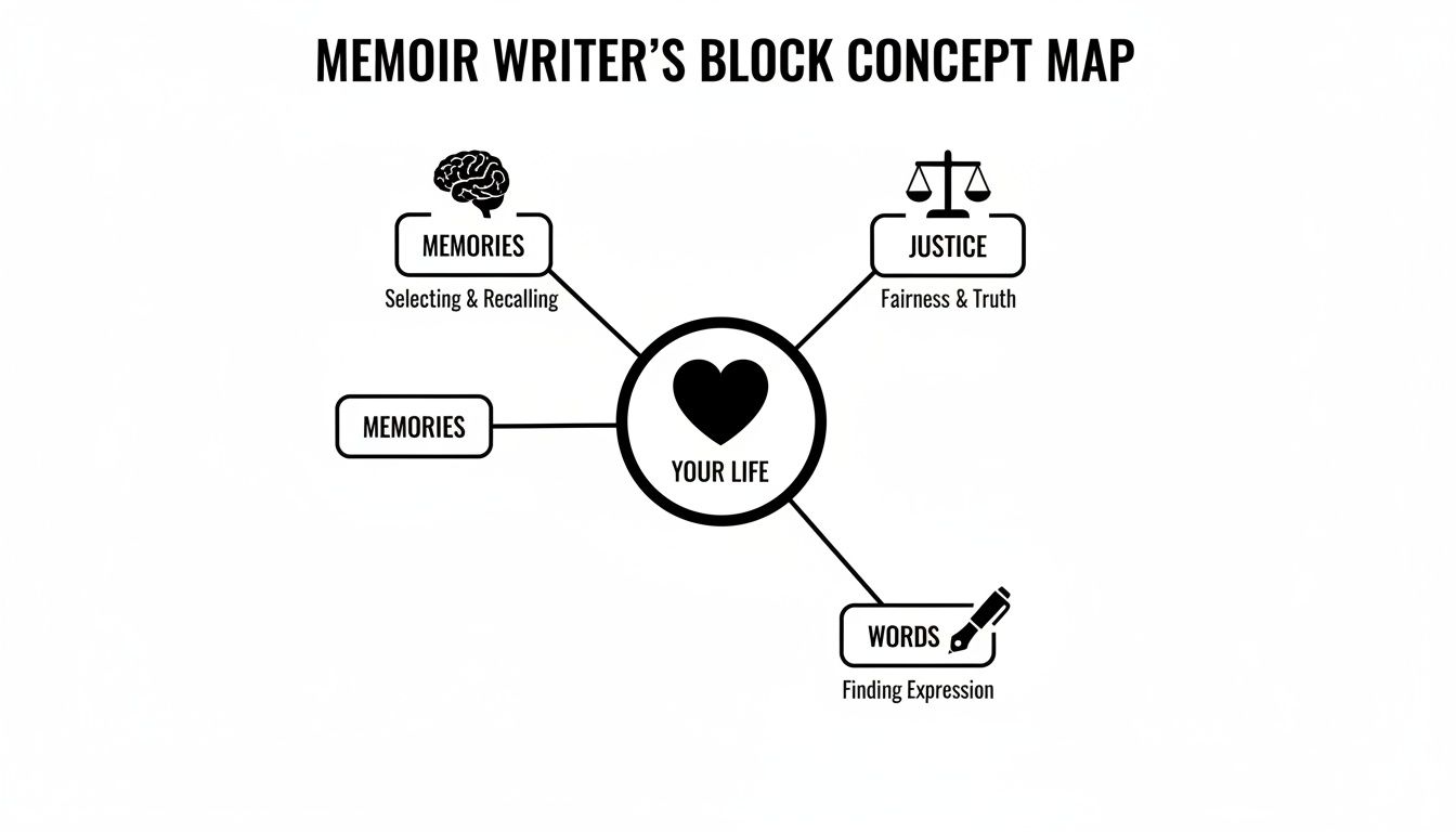 A concept map for memoir writer's block, linking 'Your Life' to 'Memories,' 'Justice,' and 'Words.'