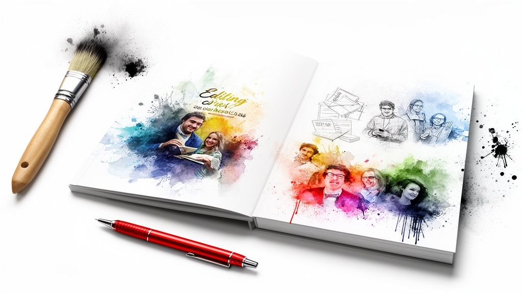 Colorful watercolor sketches of diverse people in an open book, with a paintbrush and red pen.