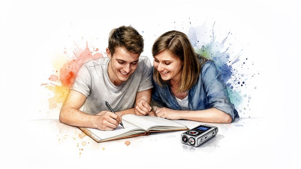 A smiling young man writes in a notebook with a pen, next to a smiling woman and a voice recorder.