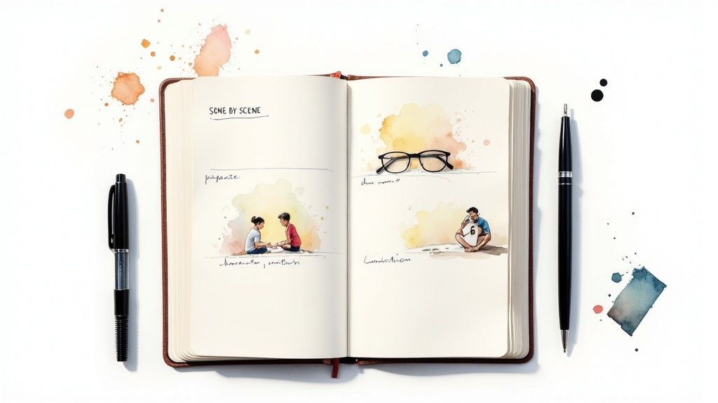 An open notebook displays watercolor illustrations depicting a story's scenes, surrounded by pens and paint splatters.