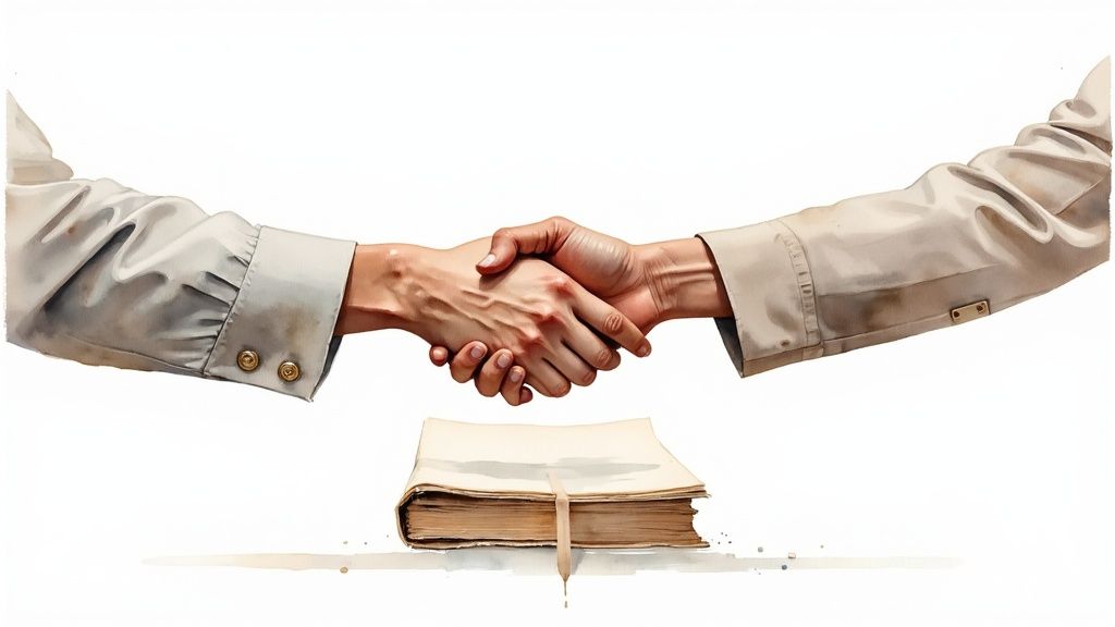 Two people shaking hands over an old book, symbolizing a book deal or agreement.