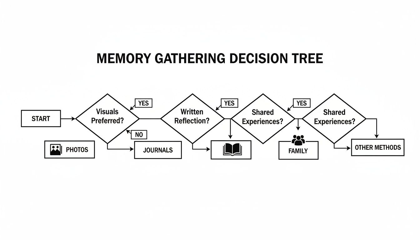 A memory gathering decision tree flowchart showing options like photos, journals, written reflections, and family experiences.