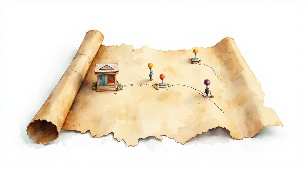 A watercolor illustration of an old map with a house, figures holding balloons, and a dotted path.