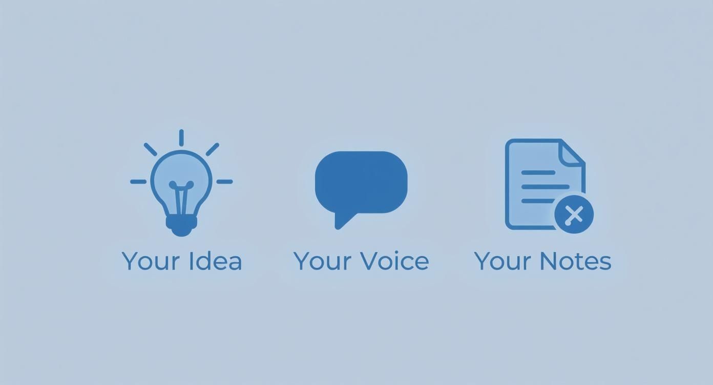 Three icons representing ideas (lightbulb), voice (speech bubble), and notes (document with a cross).
