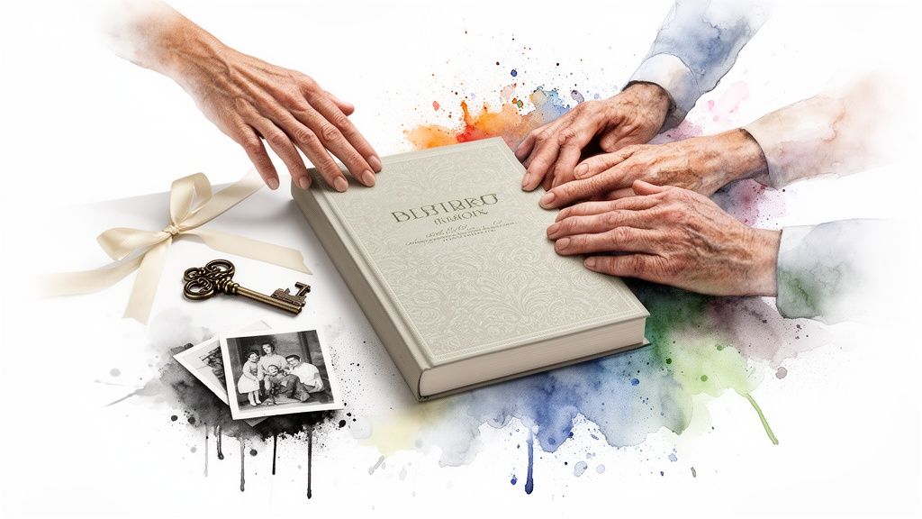 Multiple hands touch a memoir book alongside old family photos, a key, and a ribbon, symbolizing cherished memories and legacy.