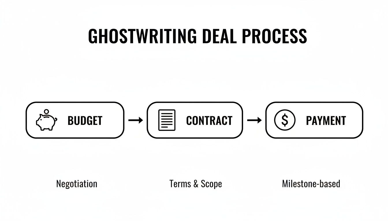 Flowchart illustrating the ghostwriting deal process, covering budget negotiation, contract terms, and milestone-based payment.
