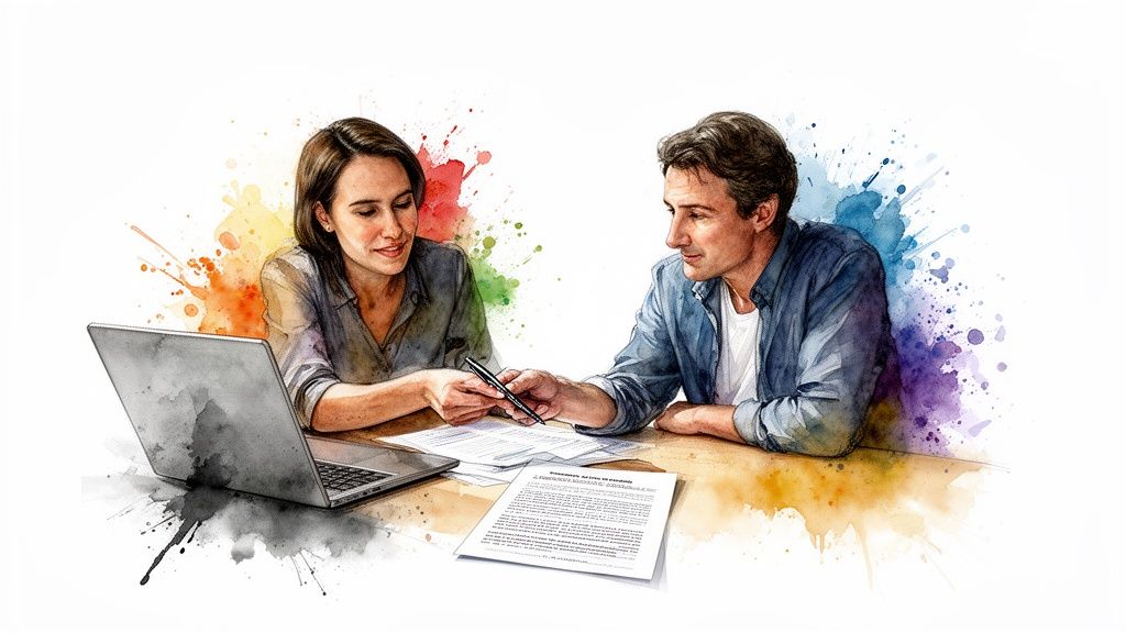 A man and a woman review documents and a laptop, with colorful watercolor splashes.