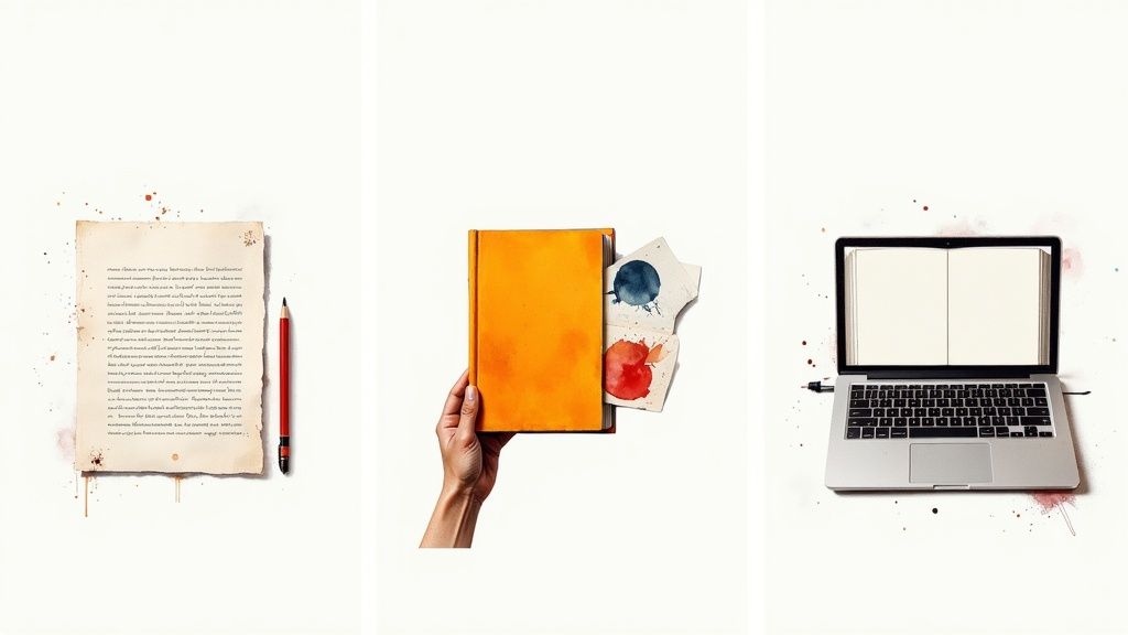 A triptych of creative writing methods: paper, book, and laptop with watercolor details.
