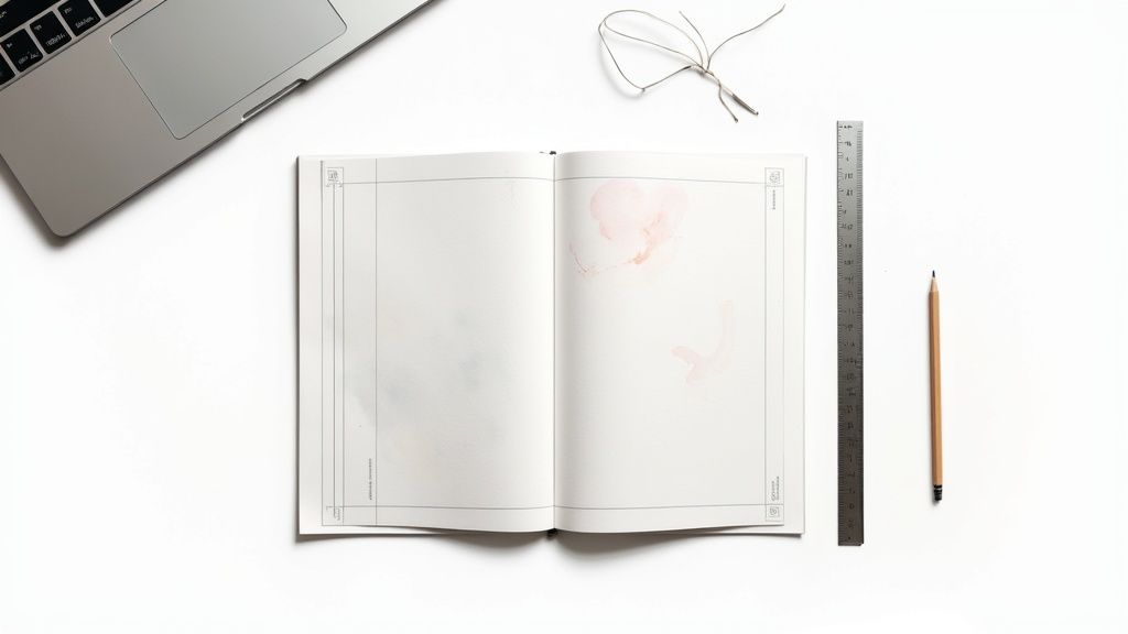 Flat lay of a clean white workspace featuring a laptop, open notebook, ruler, and pencil.