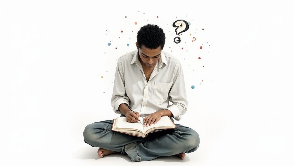A thoughtful young man sits cross-legged, writing in a book, with question marks symbolizing contemplation.
