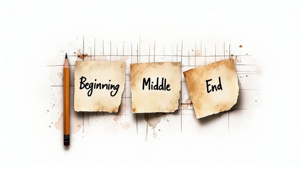 Three aged paper notes labeled 'Beginning', 'Middle', and 'End' with a pencil, illustrating story structure.