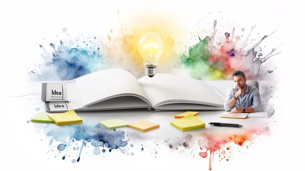 A man at a desk with an open book, a glowing lightbulb, and colorful watercolor splashes, representing creative ideas.