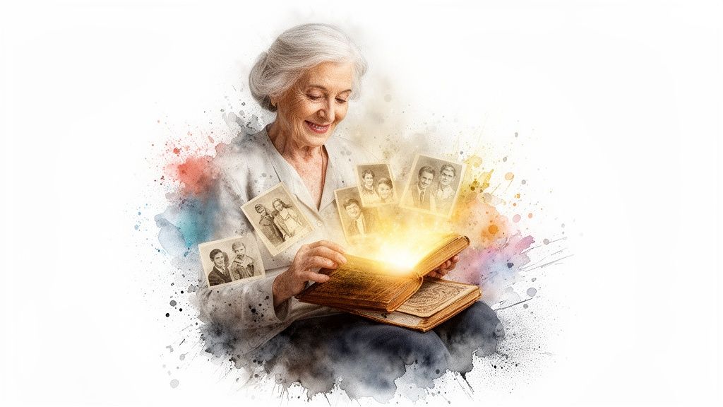 An elderly woman smiles warmly, looking at a glowing old book from which vintage family photos emerge.