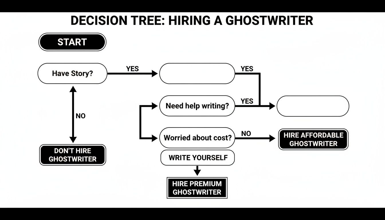A decision tree flowchart outlining steps for hiring an affordable or premium ghostwriter.