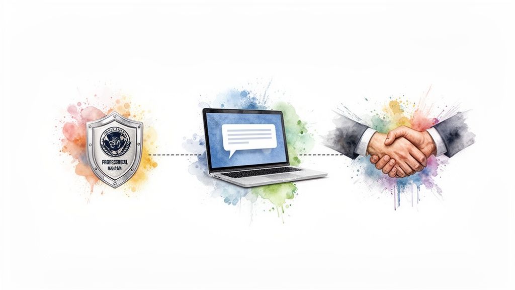 A shield, a laptop with a chat bubble, and a handshake, symbolizing professional communication and partnership.