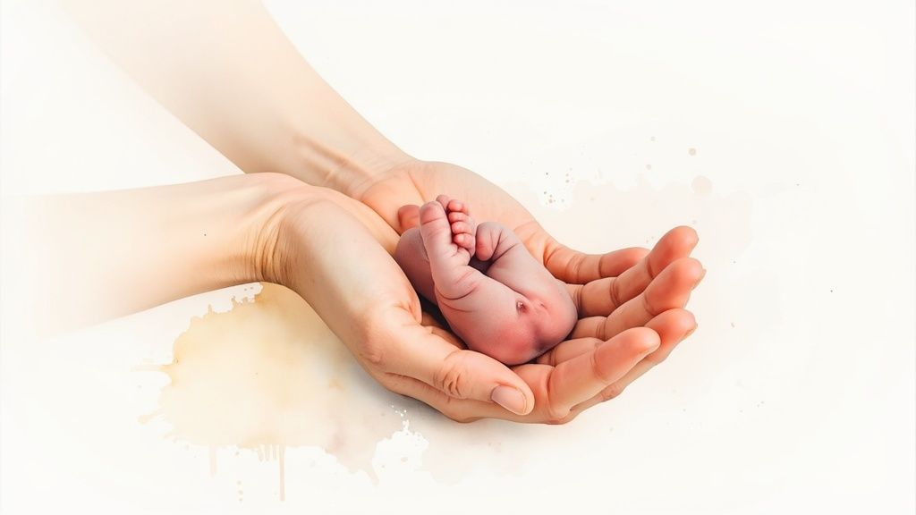 Adult hands gently cup tiny newborn baby feet, symbolizing new life and care.