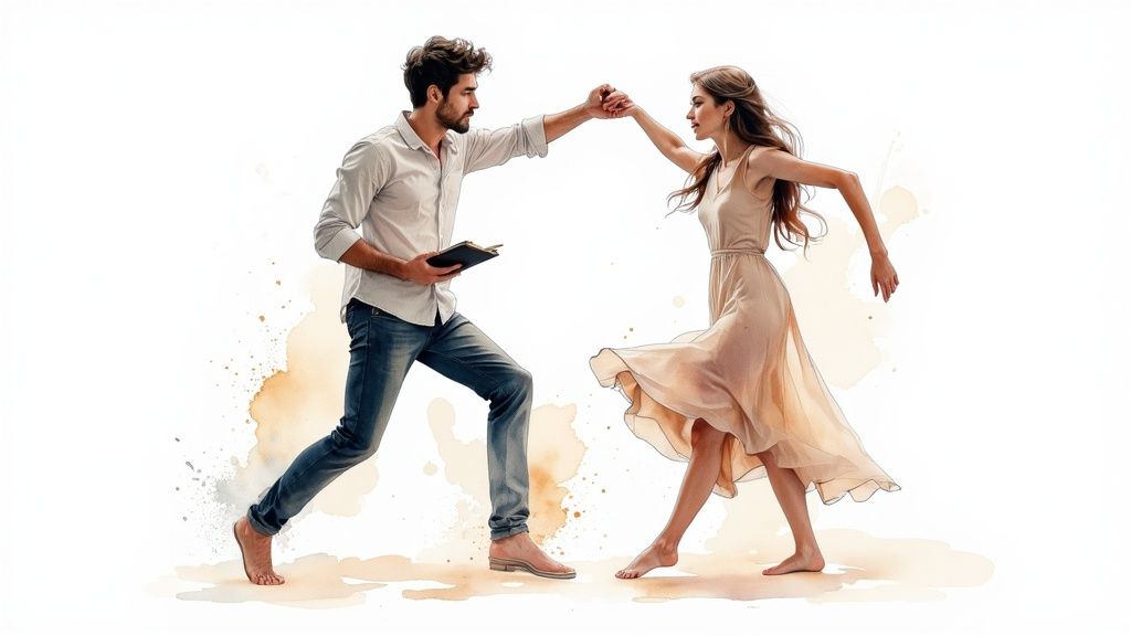 A man holding a book dances with a woman in a flowing dress on a watercolor-splashed background.