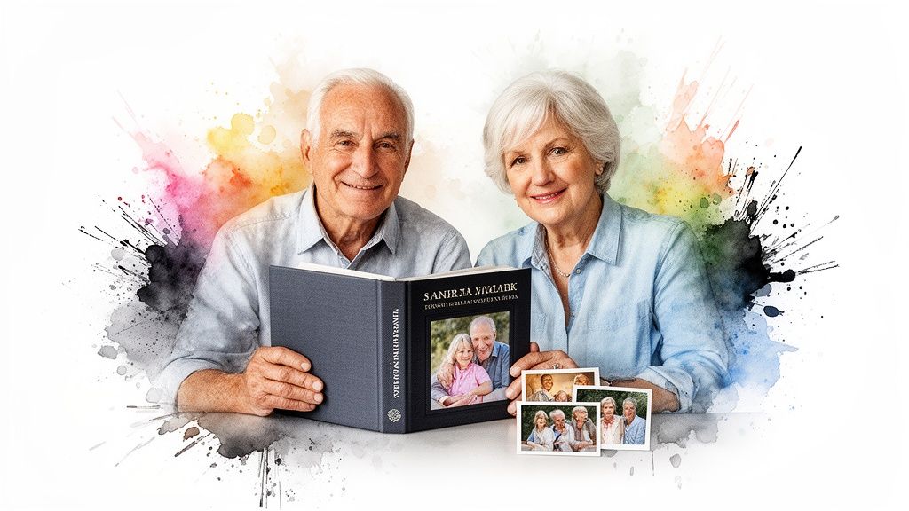 Happy senior couple holds a family photo album, surrounded by nostalgic pictures and memories.