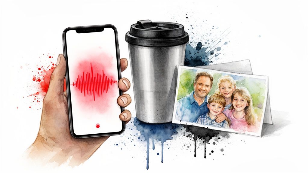 A watercolor illustration of a hand holding a smartphone with a red sound wave, a travel mug, and a family photograph.