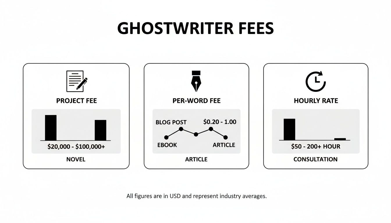 Infographic detailing ghostwriter fees by project, per-word, and hourly rates with examples.